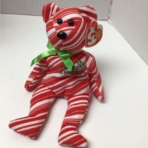 Ty Beanie Baby Retired 2007 Holiday Teddy, Merry Christmas Red Candy Stripe Bear